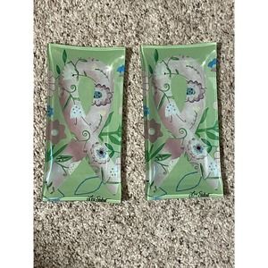 Pair Lori Siebert Flowers & Pink Ribbon Glass Fushion Rectangle Dish Silvestri